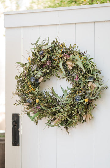 Preserved Spring Wreath With Preserved Flowers and Greenery on Gate Door