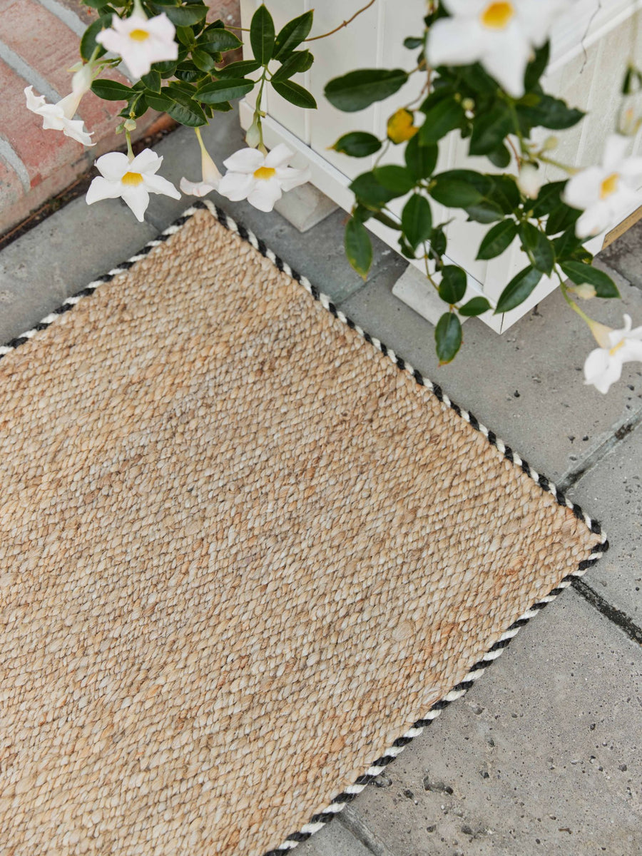 Braided Jute Doormat With Black and White Trim With Planter